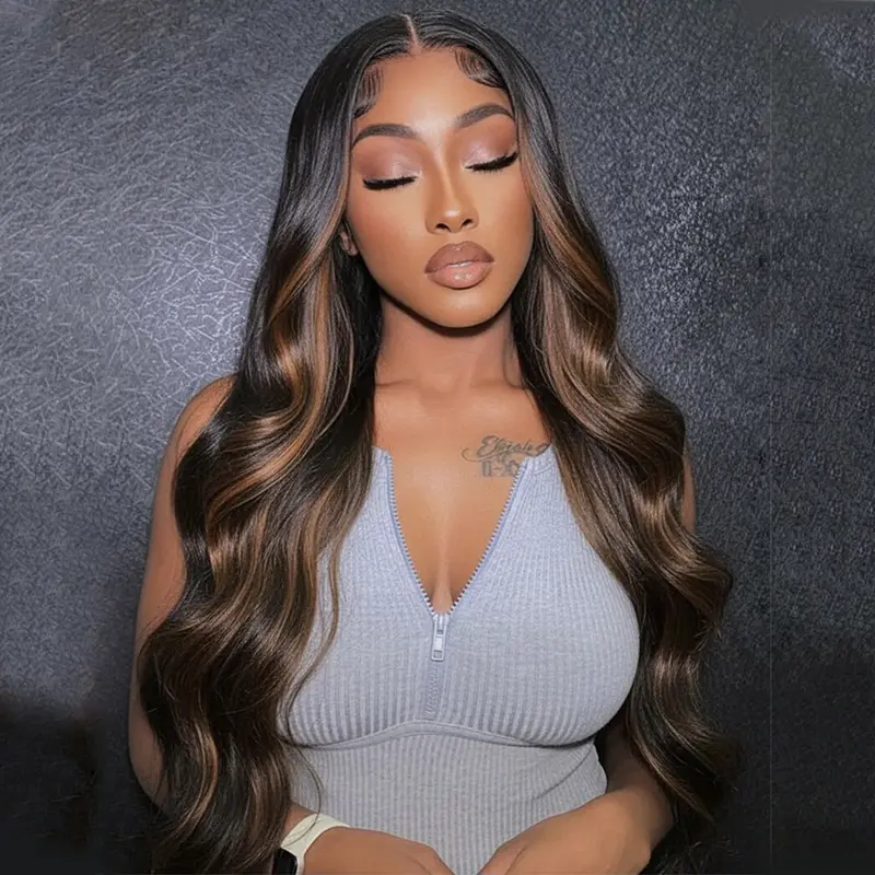Brown Highlight Lace Front Human Hair Wig 13x4 HD Transparent Lace Front Wigs Body Wave Human Hair Colors With Baby Hair Pre Plucked Balayage Wig For Woman