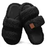 Women's Soft Faux Fur Slides - Stylish Classic Geometric Open-Toe Footwear with Double Slipper Straps, Ankle Support, Cushioned Memory Foam, Non-Slip Rubber Sole, Chain Accent, Cozy Feet Indoor-Outdoor Slippers