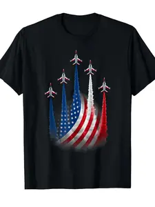 Patriotic Red White Blue USA Flag Fighter Jets 4th of July T Shirt[Cool Design] Street Trending Style Women's Tee Comfortable Cotton Round Neck Shorts Same Gender Design and Sleeves Men's T Shirts