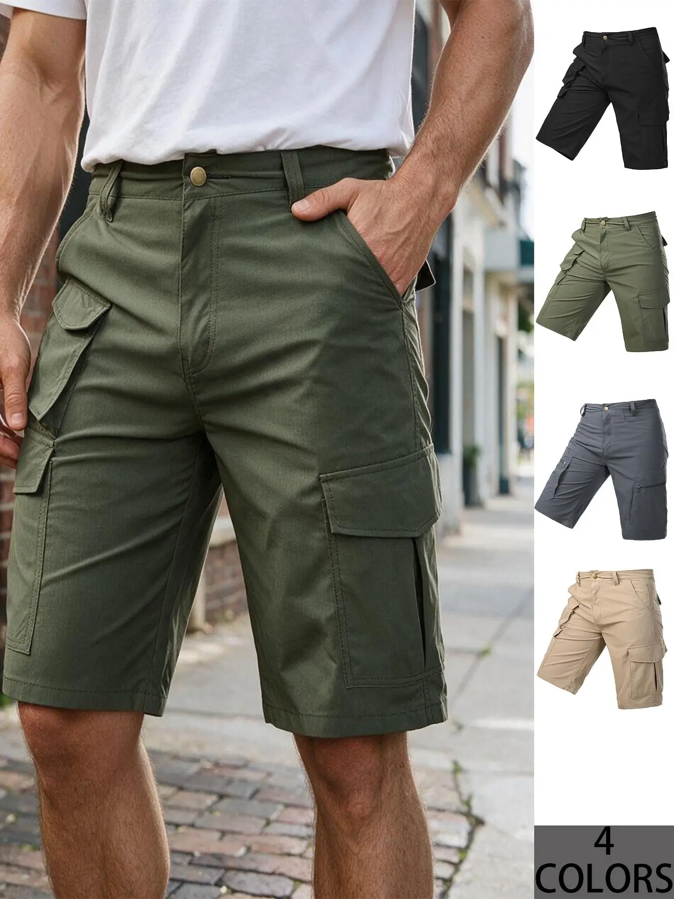 Men Button Waist Multi-Pocket Knee-Length Cargo Shorts, Wear Resistant Straight Outdoor Shorts,Fishing Hiking Camping Construction Daily Casual Work Shorts, 4 Classic Neutral Solid Colors