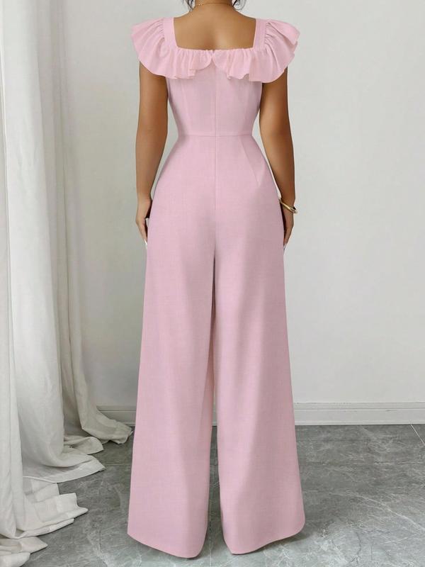 New Women's Square Neck Ruffle Mock Front Belted Button Pants, Casual Fitted Long Pants for Spring & Fall, Elegant Commuter Wear Jumpsuit