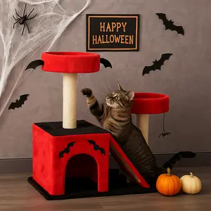 Rebuyhome 26" Gothic Cat Tree, Cat Tower with Spacious Cat Condo, 2 Padded Perches, Spider Toy, Scratching Posts, Scratching Ladder for Large Cats, Red & Black
