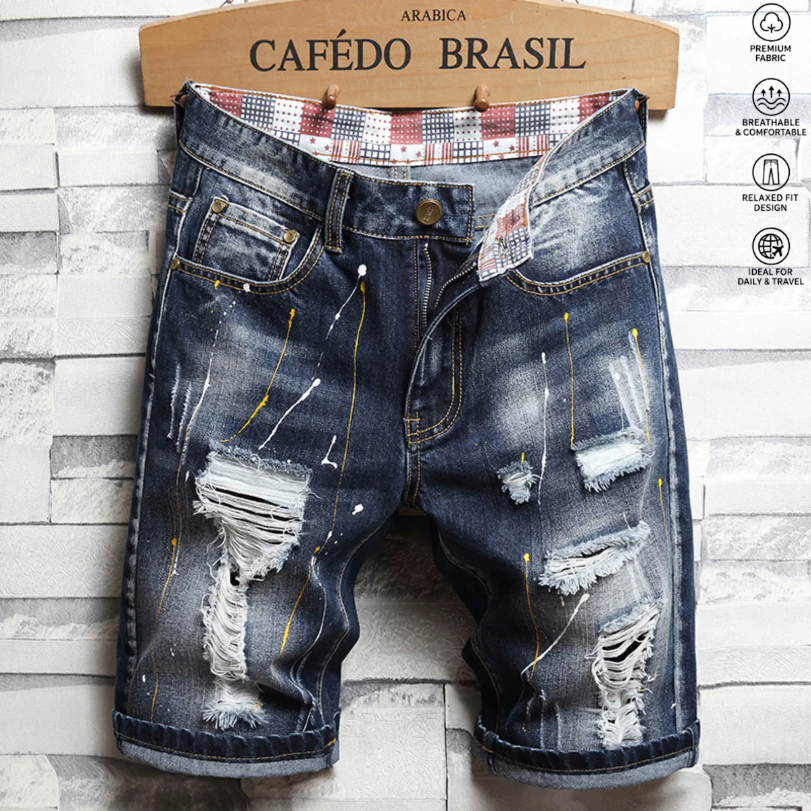 Men's Graphic Denim Shorts with Paint Splatter, Non-Stretch Straight Cut & Distressed Rips, Casual Bleached Wash, Casual Chic Outfits, Graphic Men's Shorts, Denim Blend Men's Shorts