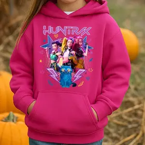 Youth Kpop Demon Hunters Hoodie With Huntrix Manga Style, Kids Streetwear Pullover In Sangria Pink, Cute Anime Fan Gift