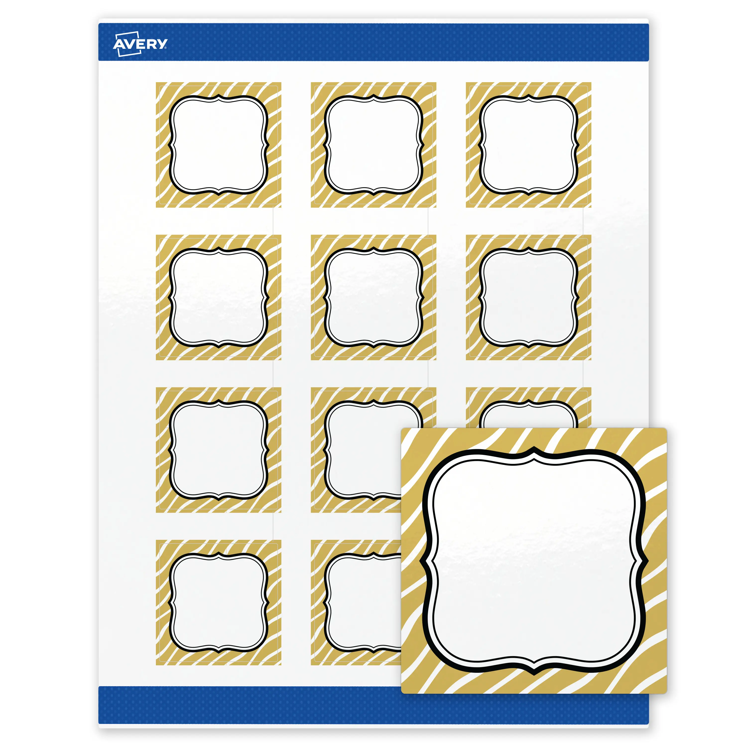 Avery Printable Square Labels with Sure Feed  Technology, 2" x 2", Pre-printed Metallic Gold Zebra Pattern Design, Glossy White, Laser & Inkjet Compatible, 120 Total