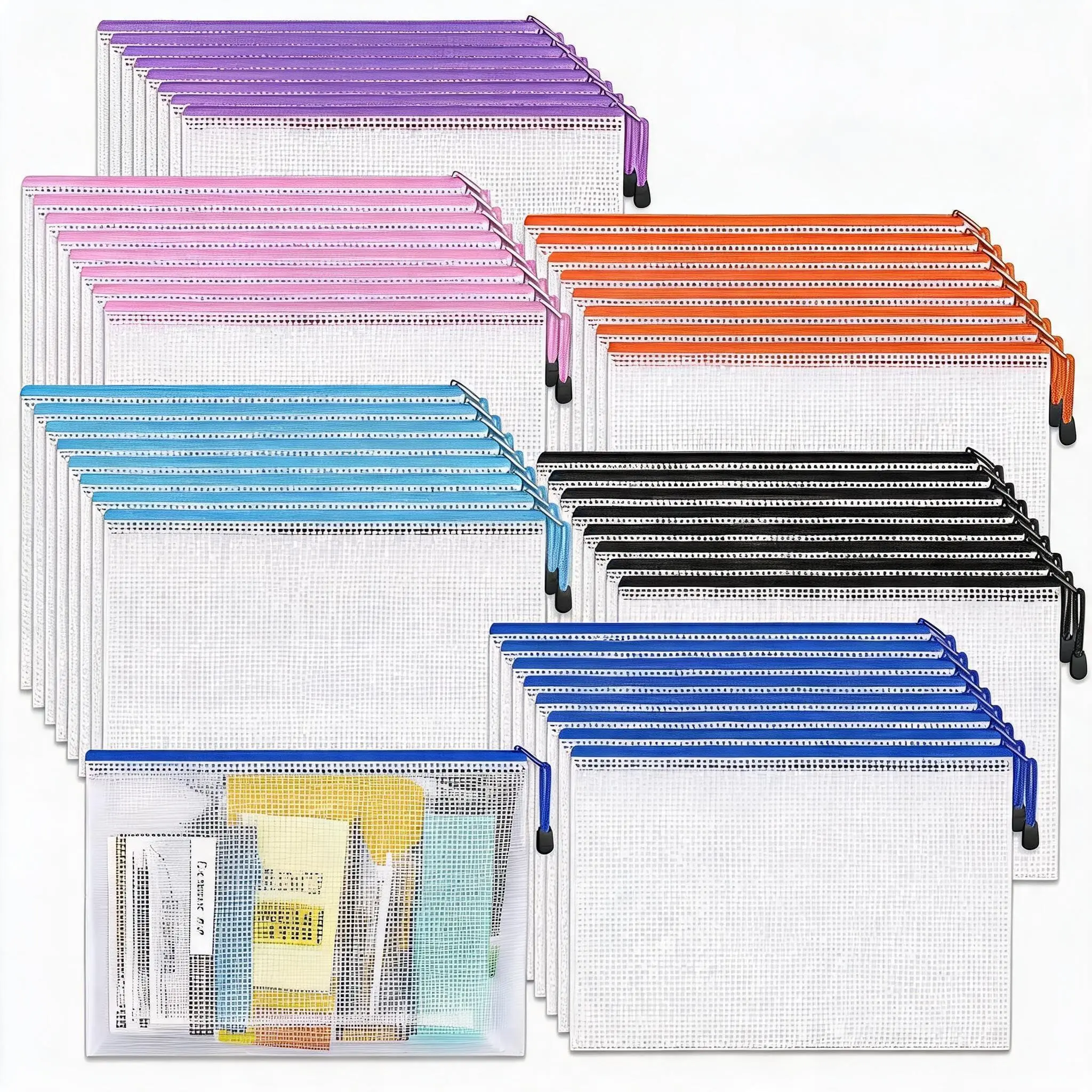 Heavy Duty A3 Mesh Zipper Pouch Bags, 48 Pack Clear Waterproof PVC Document Organizers,16.9"x11.6" File Storage, 6 Assorted Colors - Multipurpose Office & School Filing Supplies