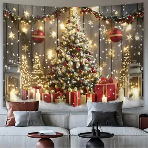 1pc Merry Christmas lights Christmas tree gift box printing craft bedroom aesthetic tapestry suitable for bedroom living room office holiday party background wall decoration, including installation accessories