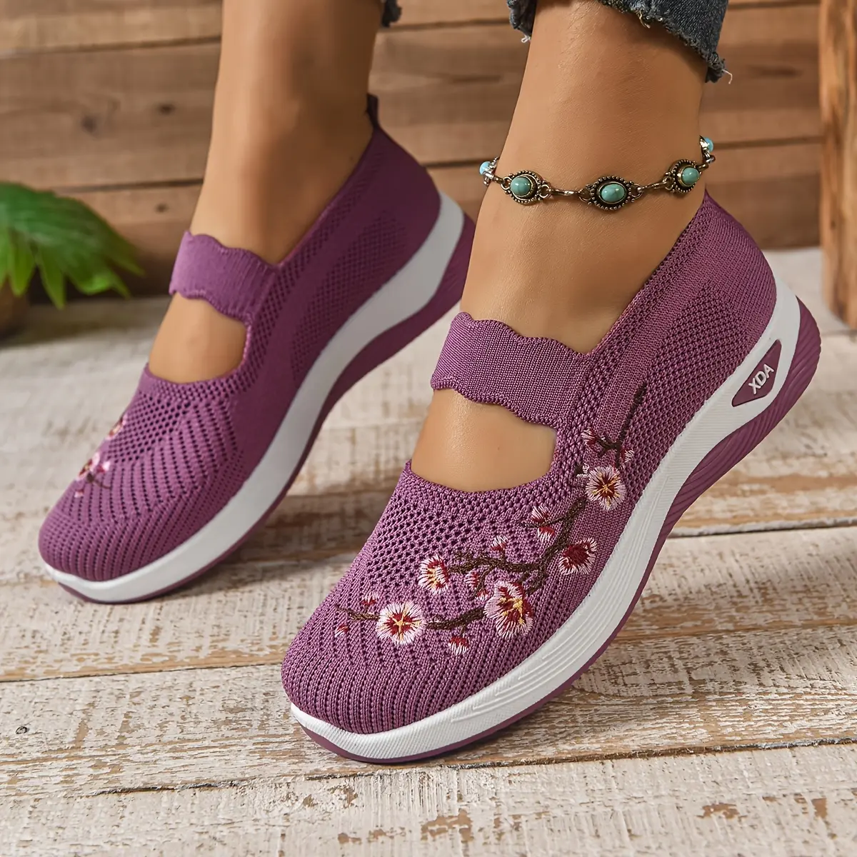 Women's Floral Mesh Slip-On Trainers, Lightweight Non-Slip Wedge Comfort Footwear