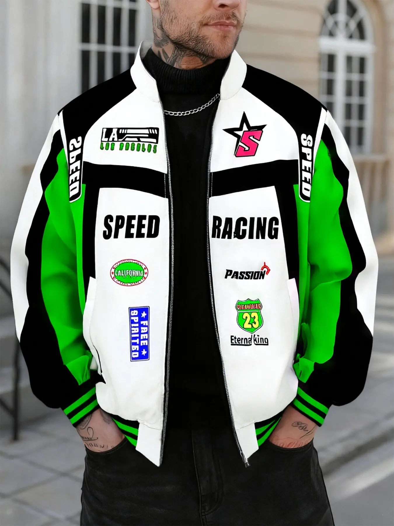 Unisex design. Street style with Speed racing letters and racing flag patterns. Ideal for racing culture, racing apparel, and streetwear outfits. Perfect for Y2K fashion, racing culture enthusiasts, club attire, and men’s gifts. Trendy outfit