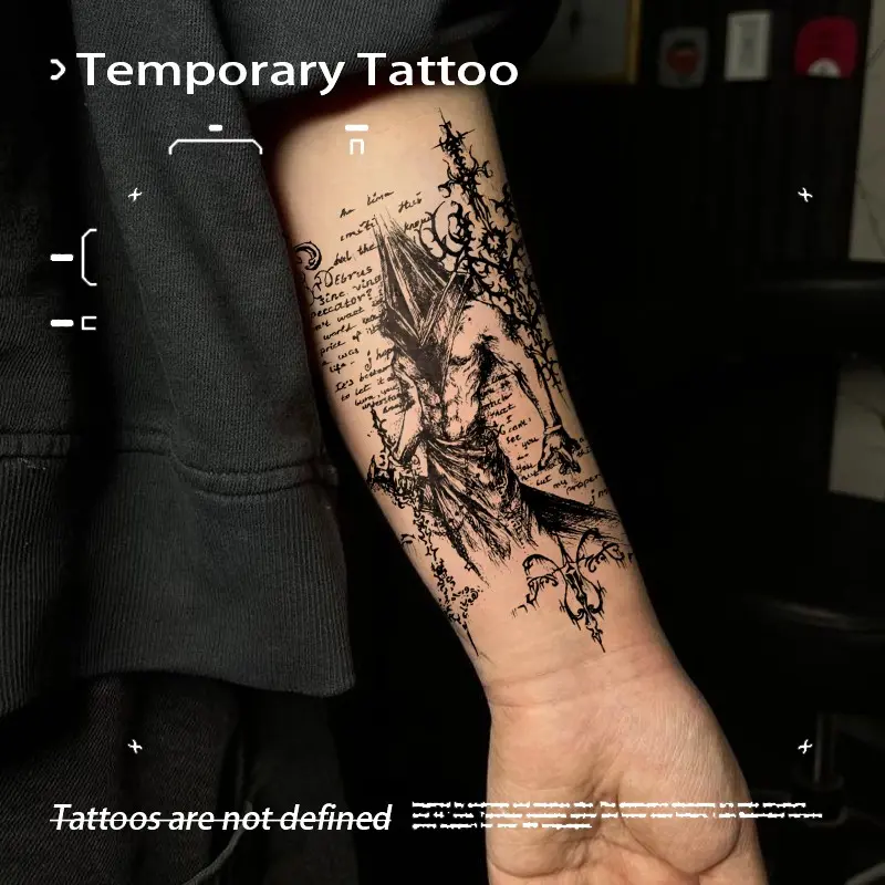 Silent Hill Pyramid Head Herbal Juice Temporary Tattoo Sticker Waterproof Long Lasting Non-reflective Dark Gothic Design Realistic Fake Tattoo Ins Niche Premium Style Arm Hand Tattoo Sticker