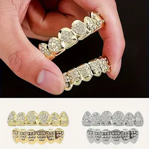 2Pcs Poker Teeth Grillz with Sparkling Cubic Zirconia Stones - Hip Hop Rapper Costume Cosmetic Jewelry, Perfect for Halloween, Parties & Gifts, Copper Material, No Power Needed, Halloween Accessory | Gothic Style Grillz | Copper Base Jewelry