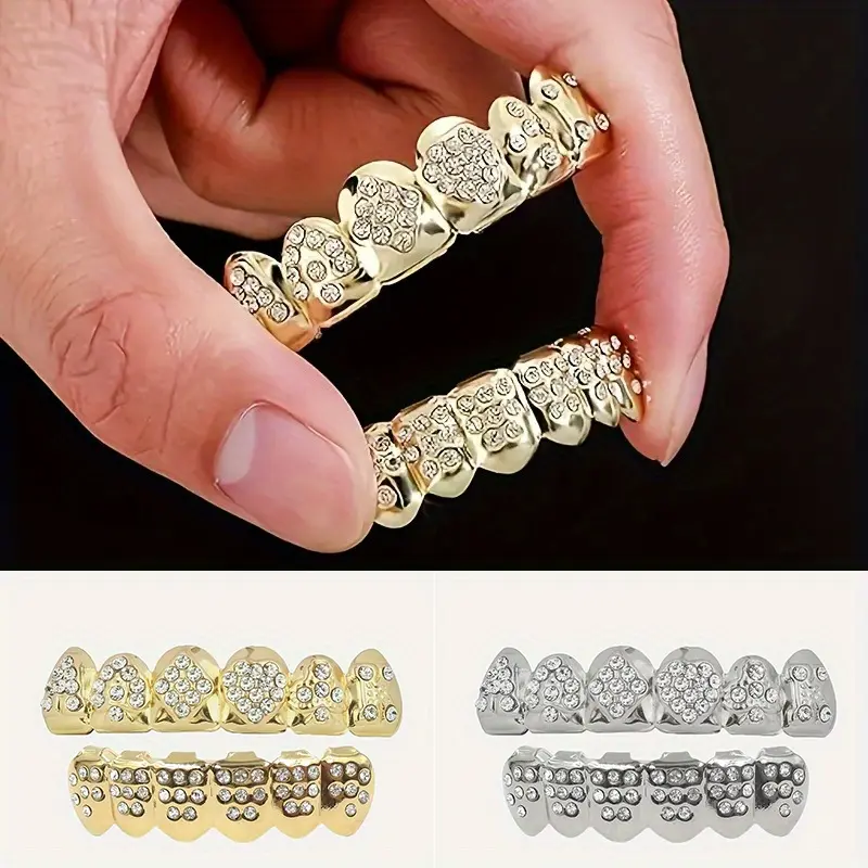 2Pcs Poker Teeth Grillz with Sparkling Cubic Zirconia Stones - Hip Hop Rapper Costume Cosmetic Jewelry, Perfect for Halloween, Parties & Gifts, Copper Material, No Power Needed, Halloween Accessory | Gothic Style Grillz | Copper Base Jewelry