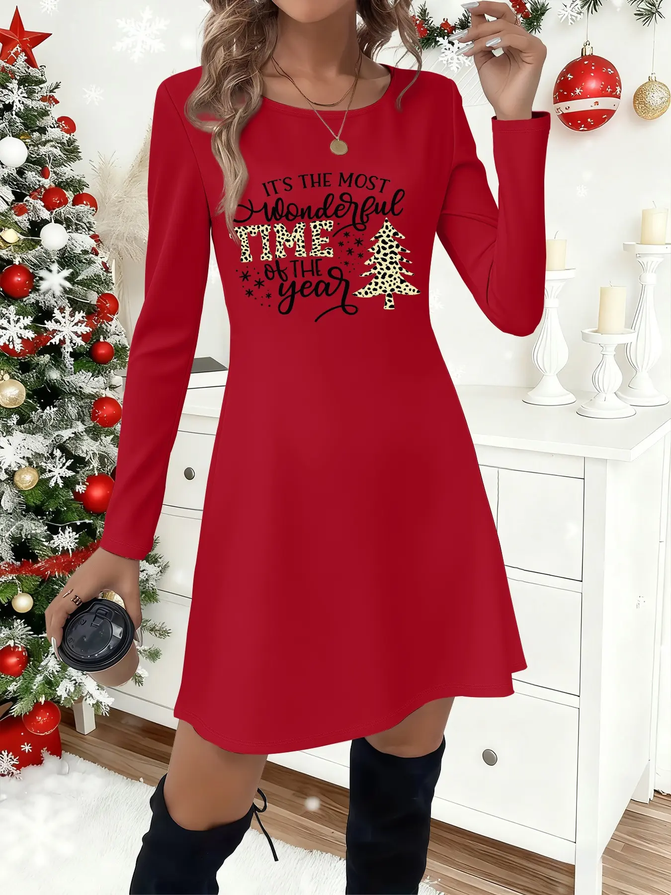 Women's Round Neck Long Sleeve Dress, Christmas Pattern Print, Fall & Winter Fashion, Elegant Knit Long Dress, Fitted Style