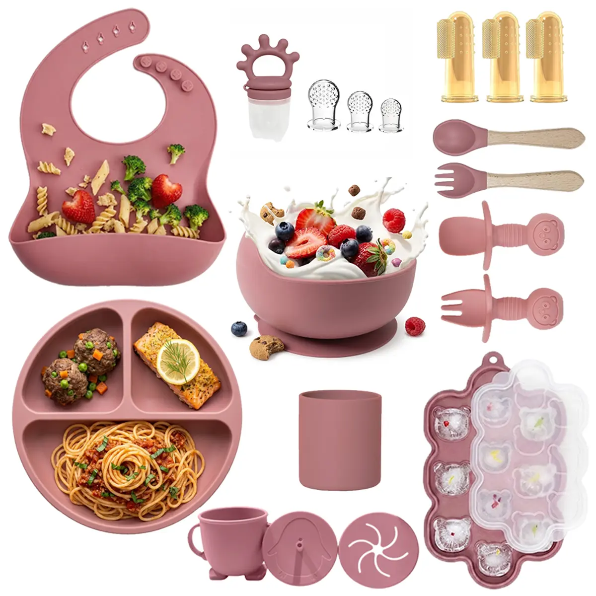 17 Pack Silicone Baby Feeding Set, Weaning Set,Baby Feeding Set,Food Grade Silicone Feeding Kit for 6-12 Months with Suction Plate & Bowl, Durable Utensils Tableware for Baby-Led Weaning, Natural Non-Toxic & BPA Free, Safe Baby Utensils sohochic