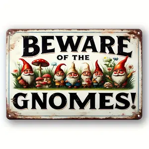 Vintage Style "Beware of the Gnomes" Iron Sign Plaque for Home & Garden Decor | Wall Hanging Multipurpose Sign | Humorous & Whimsical Metal Decor for Yard, Mall, Garage, Cafe, Bar, Club, Kitchen, Restaurant, Laundry, Man Cave, Bathroom,