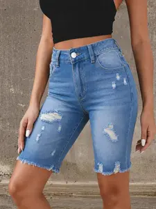 Women's Ripped Denim Jean Elastic Waist Mid-Length Pants, Trendy Fashion Bottoms for Everyday Wear, Comfortably Stretchy & Stylish Design