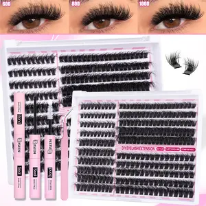 Multi-Style Mixed Eyelash Cluster Kit 60D+80D+100D+Lash Spikes Personal Extension Set D-Curl Fine DIY Clusters with Bond Seaer Tweezers Fluffy False Eyelashes Diy Volume Eyelashes Eyelash Extensions