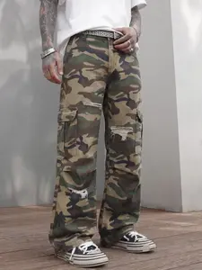 Men's Camouflage Loose Work Pants, Ripped Vintage Wide Leg Jeans, Streetwear Casual Long Pants, Hip Hop Aesthetic Multi-Pocket Design