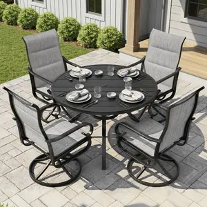 5PCS Padded Textilene Outdoor Dining Set with Umbrella Hole, Swivel Design