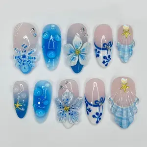 Summer Ocean Style Blue White Gradient 3D Shell & Flower Press On Nails, Starfish Bubble & Blue And White Porcelain Print Removable False Nails