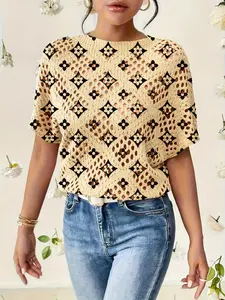Women's Geometric Print Round Neck Sweater, Casual Batwing Short Sleeve Knit Top, Fall Winter Comfortable Warm Fit Clothing, Hollow Out Design