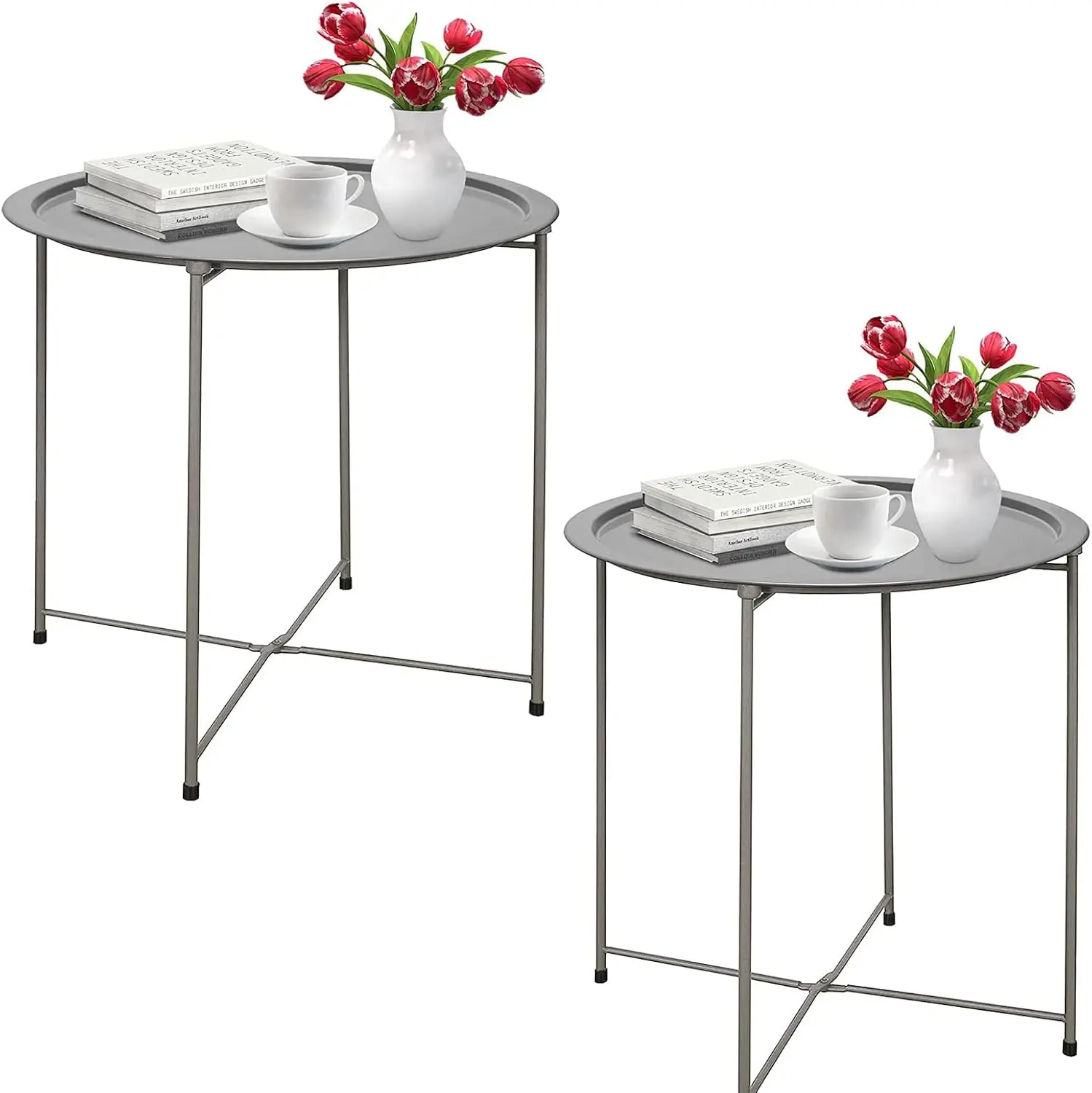 Grey Durable Foldable Metal Tray Side Tables (2-Count) - Cyan Small Accent Table for Living Room, Sofa Side Snack Use