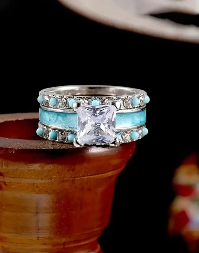 3PCS Euramerican Style Blue Turquoise Engagement Ring Set for Women, Simple Elegant Fashion Rings, Boho Vintage Wedding & Promise Jewelry Gift for Her
