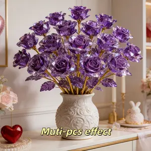 6-Piece Purple "Eternal" Crystal Rose Bouquet — Elegant & Sparkling Faux Plastic Flowers; A Lifelike Rose Arrangement Ideal for Weddings, Valentine's Day, Anniversary Centerpieces, and Christmas Party Decor — Plus, It's Easy to Maintain.