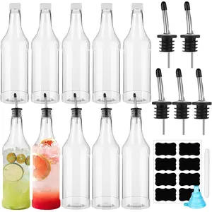 Dandat 20 Pcs 32 oz Plastic Long Neck Bottles with Pourer and Caps Plastic Juice Pour Bottles with Stainless Steel Pourer Tapered Spout for Liquor Juice Store (Sliver)