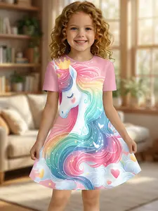 Girls Dreamy Rainbow Unicorn Party Dress, Baby Stylish Pink Pleated Dress, Birthday Photo Performance Dress