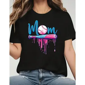 Cotton Short Sleeve T-Shirt Baseball Mom Graphic T-Shirt - 100% Casual Crew Neck with Baseball Bat & Pink Drip Design for Sports Moms Graphic tees, washed shirt, hoodie and sweatshirt