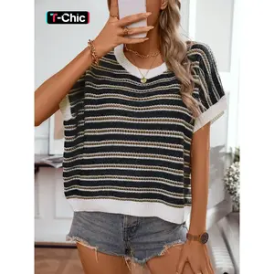 Elegant Women’s Spring/Summer Fashion Casual Home Beach Vacation Commuting Knitted Hollow Striped Short-Sleeve Loose Vest Knit Top Women’s Clothing GARMENTARY