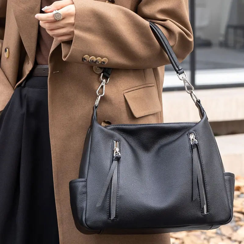 Women Soft Leatherette Slouchy Hobo Shoulder Bag Casual Crossbody Tote Purse with Front Zipper Pockets and Adjustable Strap