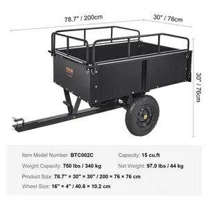 Father's Day Gift VEVOR Heavy Duty ATV Trailer Steel Dump Cart, 750-Pound 15 Cubic Feet, Garden Utility Trailer with Removable Sides for Riding Lawn Mower Tractor
