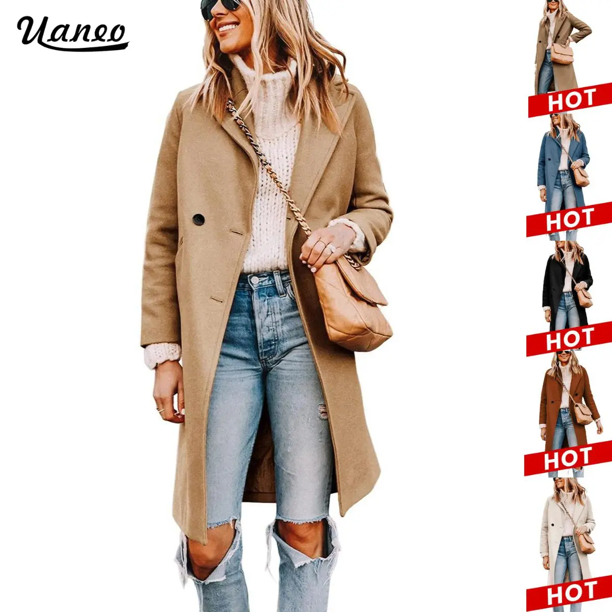 UANEO Women's Notch Lapel Double Breasted Wool Blend Mid Long Pea Trench Coat UANEO Women's Notch Lapel Double Breasted Wool Blend Mid Long Pea Trench Coat