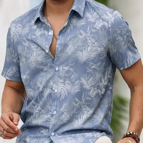 Men's Palm Tree Print Short Sleeve Casual Collared Shirt, Regular Fit Casual Button Down Front Top for Summer, Men's Clothes for Beach Vacation, Casual Summer Clothing, Button Down Shirt, Menswear, Casual Stylish Menswear
