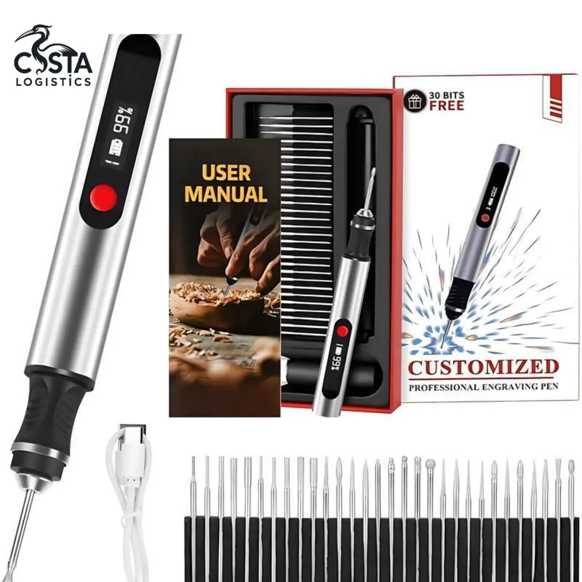 [Costa] Professional Engraving Pen Power Tool, USB-C Fast Charging, 30 Free Diamond Bits, 3 Speed Settings (8000-21000 RPM), Batteries Included, Easy-to-Use for Personalized Gifts & Practice Canvases