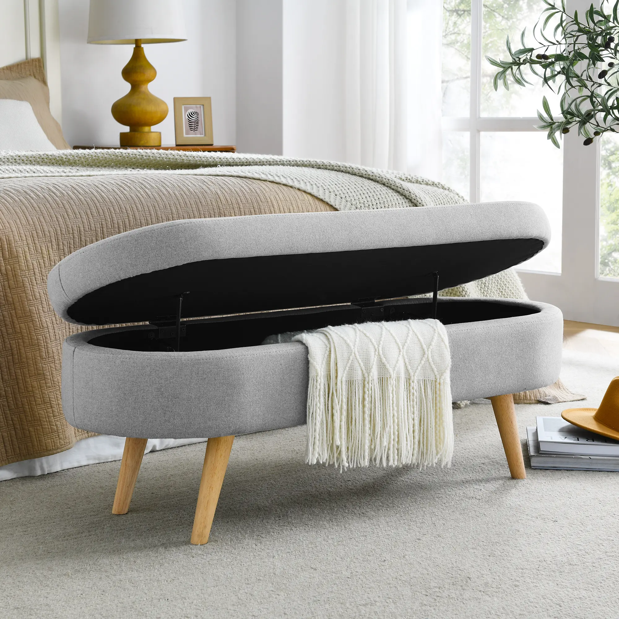 【Home Upgrade Pick】FANSACE 43.5" Long Storage Ottoman Bench,Soft Boucle for Bedroom Upholstered End of Bed with Safety Hinge Solid Wood Legs Foot Stool for Living Room,Entryway,Hallway,Closet,Oval, Compact Space-Saving Footstools & Ottomans
