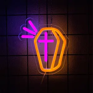 Coffin Cross Neon Sign, LED Gothic Halloween Neon Light, USB Powered Spooky Coffin Neon Sign for Wall Decor, Man Cave, Bar, Gothic Decor
