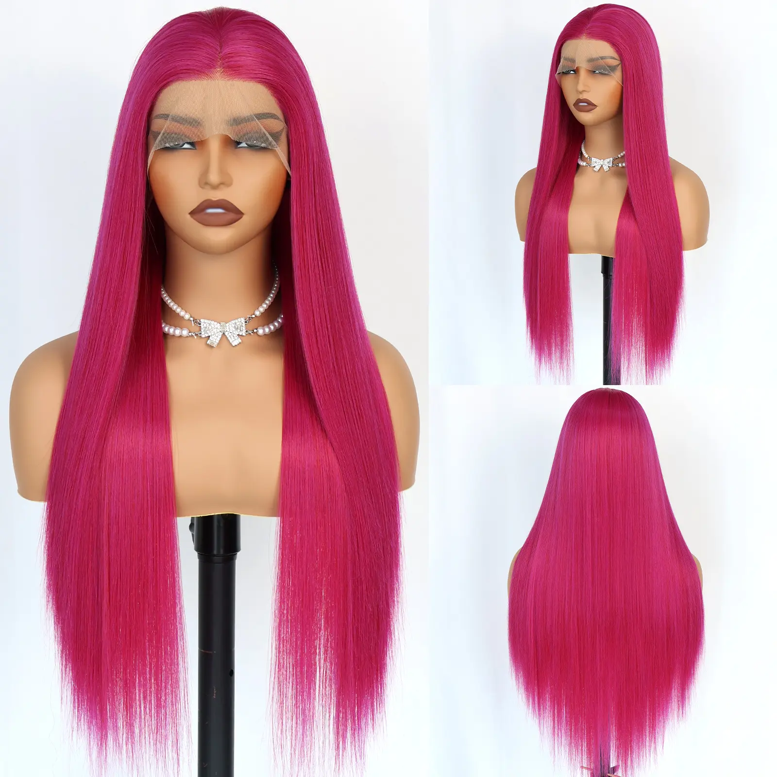 Aodbar hairs Hot Pink Long Silky Straight Wig Lace Front Wig Synthetic Hair Glueless Wig Heat Resistant Fiber Hair Long Straight Wig for Women