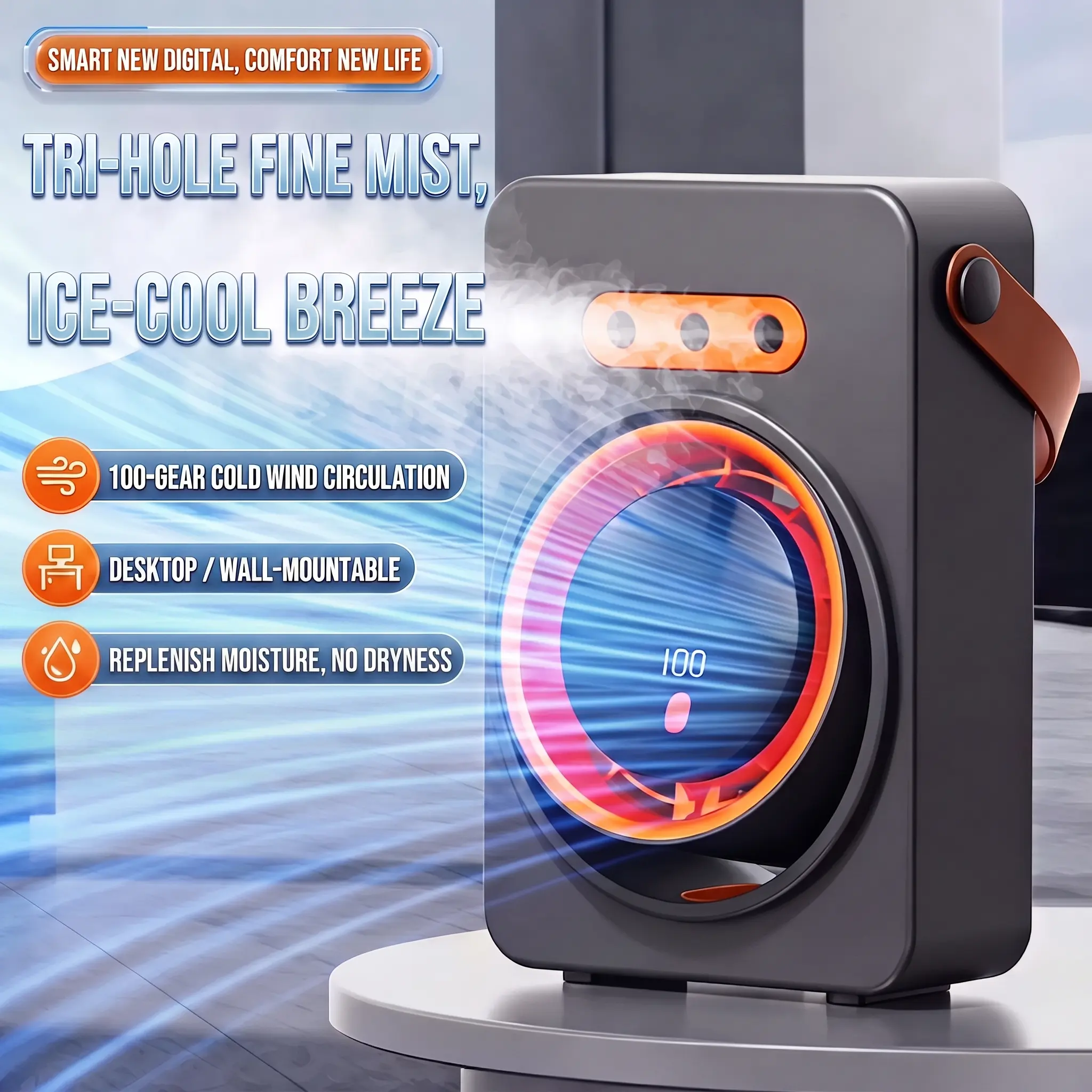 Cordless Lithium Ion USB-Type-C Charging Portable Spray Fan with Handle - Adjustable 5-Gear 100-Level Wind Speed, 2-in-1 Blowing & Humidification, Desktop Air Circulation, Batteries-Powered Cooling Solutions for Home, Office