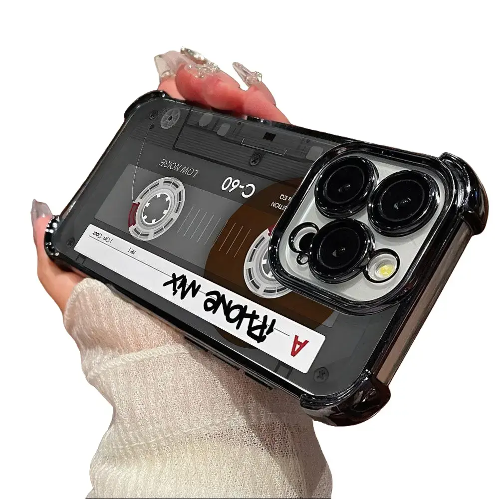Retro Cassette-Themed Luxurious Cellphone Casing - TPU Shockproof Waterproof Protection Accessory, Black Border, Transparent Back, Handheld Design, Camera-Safe Tech Cover for iPhone 17 Pro Max,16 Plus,15,14,13,12,11,XR,XS Devices