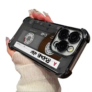 Retro Cassette-Themed Luxurious Cellphone Case, TPU Shockproof Waterproof Protector Accessory for iPhone 17 Pro Max, 16 Plus, 15, 14, 13, 12, 11, XR, XS - Handheld Design with Black Border & Transparent Back for Drop Protection