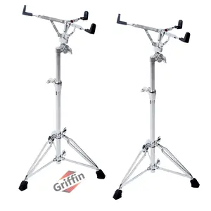 2-PACK- Concert Stand Up Snare Drum Stands by GRIFFIN | Tall Adjustable Chrome Height Stand For Drummers Percussion Practice Pads & Drums | Extended Height Drum Hardware Mount Holder With Basket Clamp