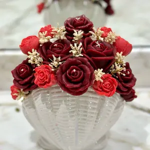 Red Roses Candles in Seashell Decoration - Elegant Floral Arrangement in Unique Vase Design