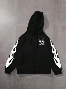 Men's Colorblock Figure & Flame Print Zip Up Fuzzy Hoodie, Regular Fit Casual Comfy Thermal Warm Long Sleeve Pocket Drawstring Hooded Sweatshirt for Fall & Winter, Men's Top for Daily Wear