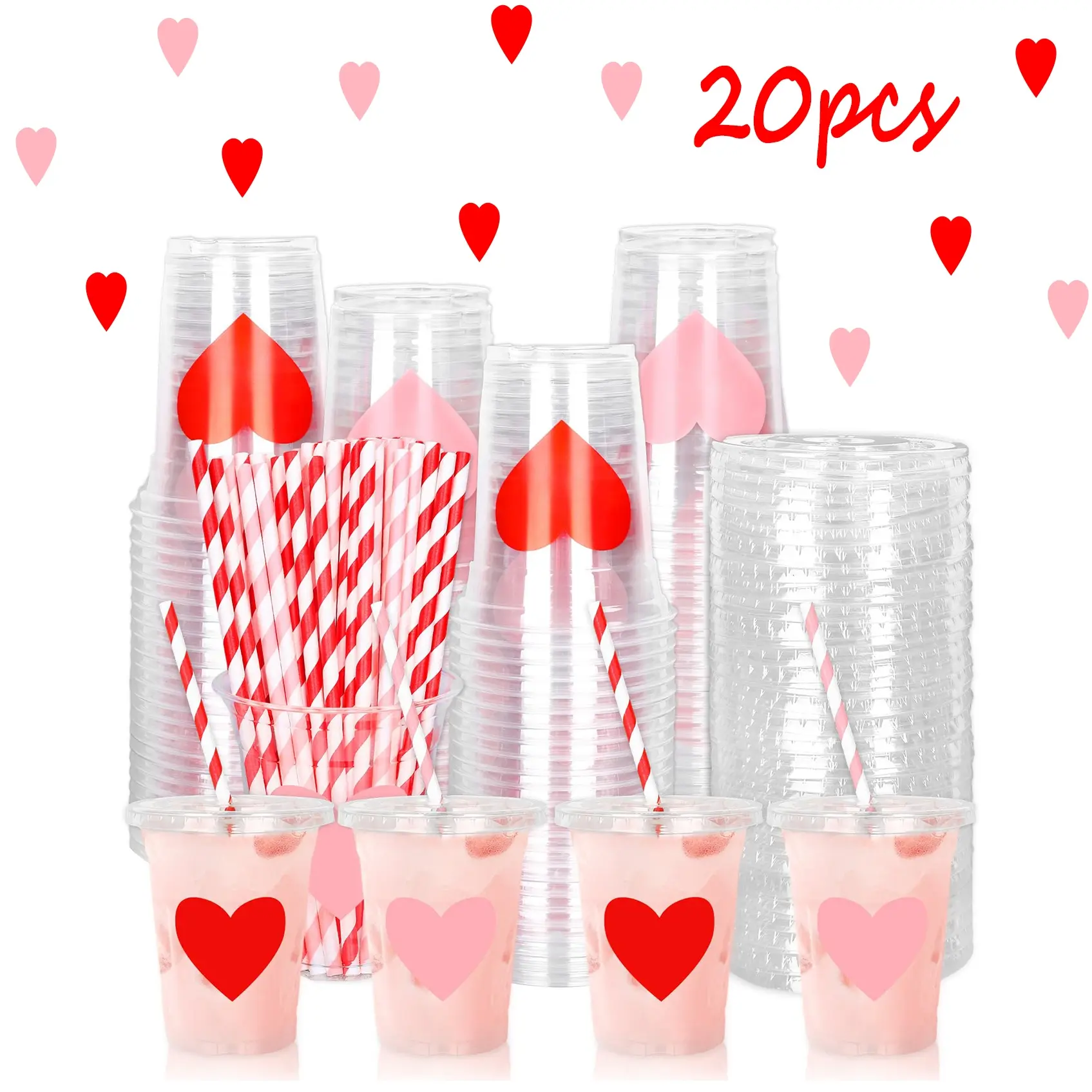 Valentine's Day Plastic Clear Cups with Lids and Straws, Heart Design, Disposable Party Cups for Valentine's Decorations