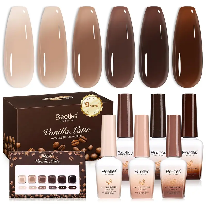 Beetles Brown Nude Fall Jelly Gel Nail Polish Set, 6 Colors 9ml Sheer UV Gel Kit with Beige, Mocha, Light Brown and Dark Brown Shades, DIY Home Salon Manicure for Autumn Winter Nails