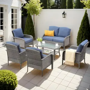 【Summer Vibes】OVIOS 6-Piece Outdoor Patio Furniture Set, Wicker Sofa with Loveseat Chairs & Table, All-Weather Conversation Set with Cushions for Backyard Patio Porch Deck Garden Balcony Outdoor Seating Furniture