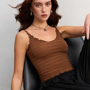 Women's Tank Top Adjustable Spaghetti Straps Scrunch Texture V-neck with Lettuce-edge Trim Minimalist Basic Sleeveless Top